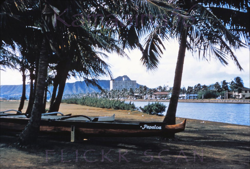 #68 View from Ala Wai Park looking makai across the Ala Wai Canal towards Waikiki and Diamond Head, 1955