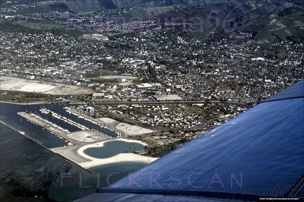 #71 Beautifully clear airplane view of the Ala Wai Yacht Harbor on Oahu’s south shore, 1956