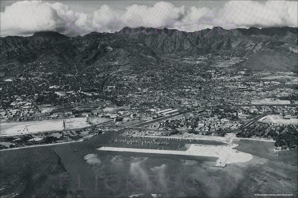 #72 Ala Wai Yacht Harbor after its construction started in the early 1950s and before work on the Kaiser Hawaiian Village land reclamation and lagoon commenced in 1955.