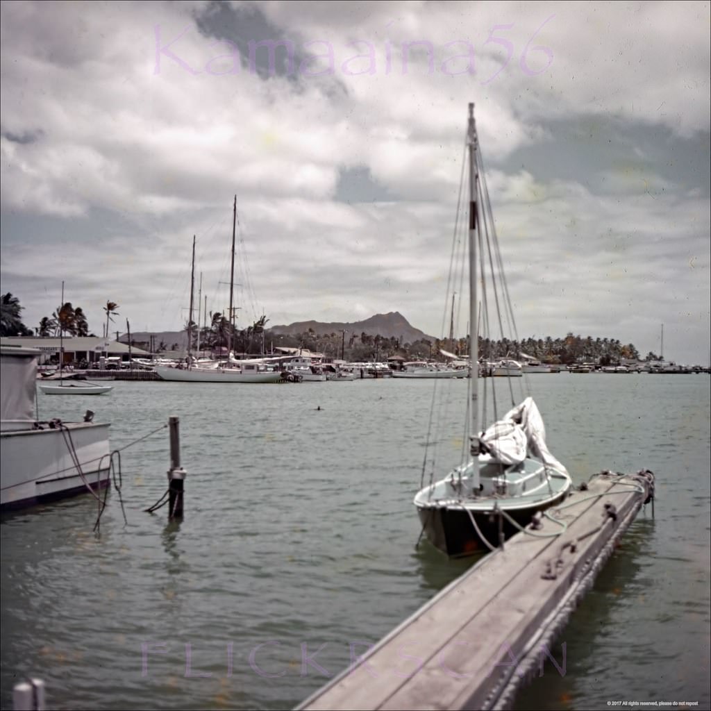 #75 Ala Wai Yacht Harbor viewed from the neighboring Waikiki Yacht Club in Ala Moana Park, 1950s