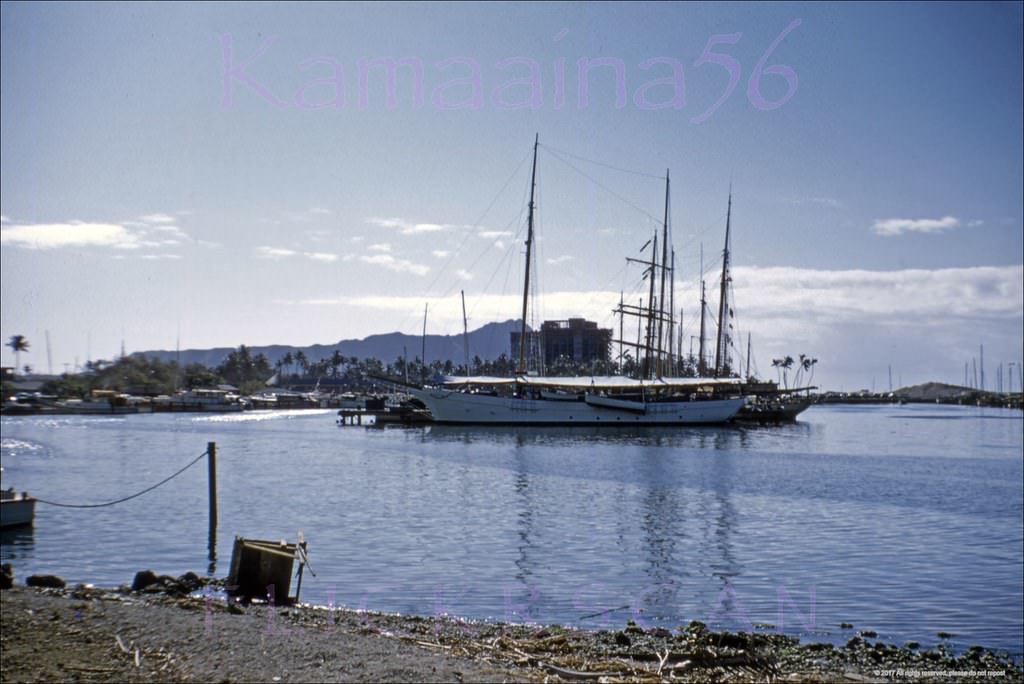 #76 Looking east from Ala Moana Park towards Ala Wai Yacht Harbor on Oahu’s south shore, 1950s