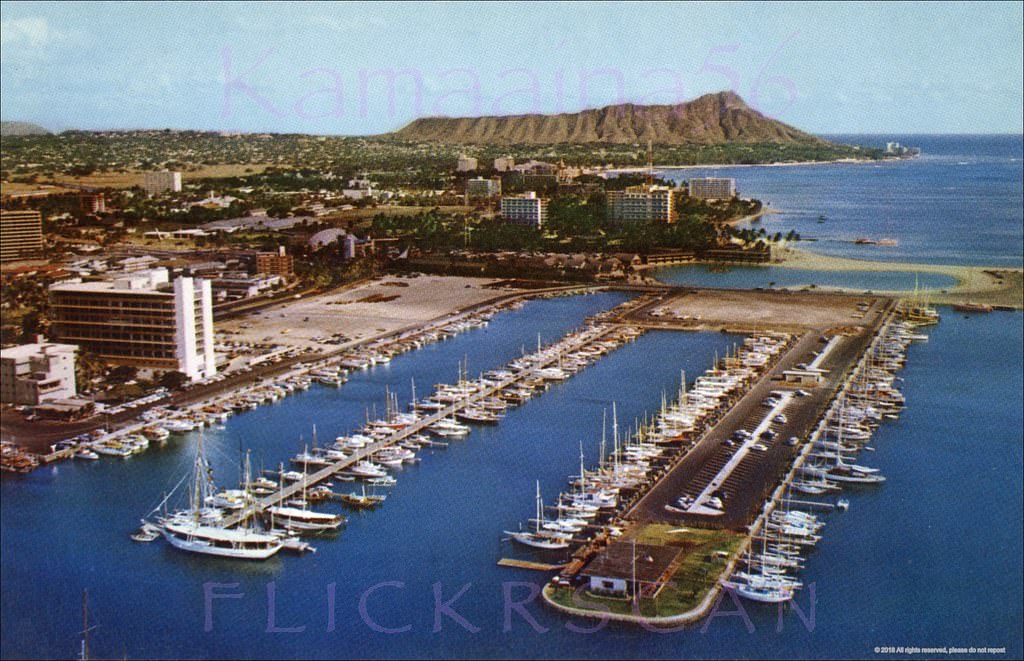 #83 Beautifully sharp pre-Ilikai view of Ala Wai Yacht Harbor. T.H. era Hawaii, 1959