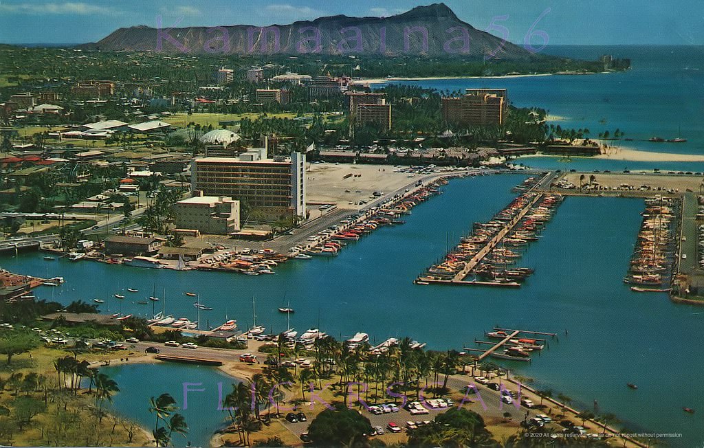 #84 Aerial view from above Ala Moana Park looking Diamond Head, 1959.