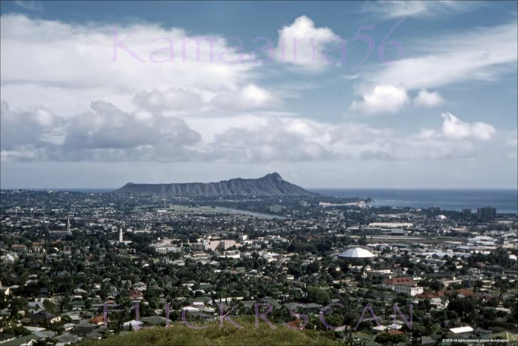 #15 View from Punchbowl Crater looking out over Honolulu all the way to Diamond Head Crater in Waikiki, 1950s.