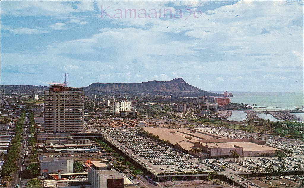 #1 Honolulu’s 1959 Ala Moana Shopping Center seen from above the intersection of Kapiolani Blvd and Piikoi Street, 1960