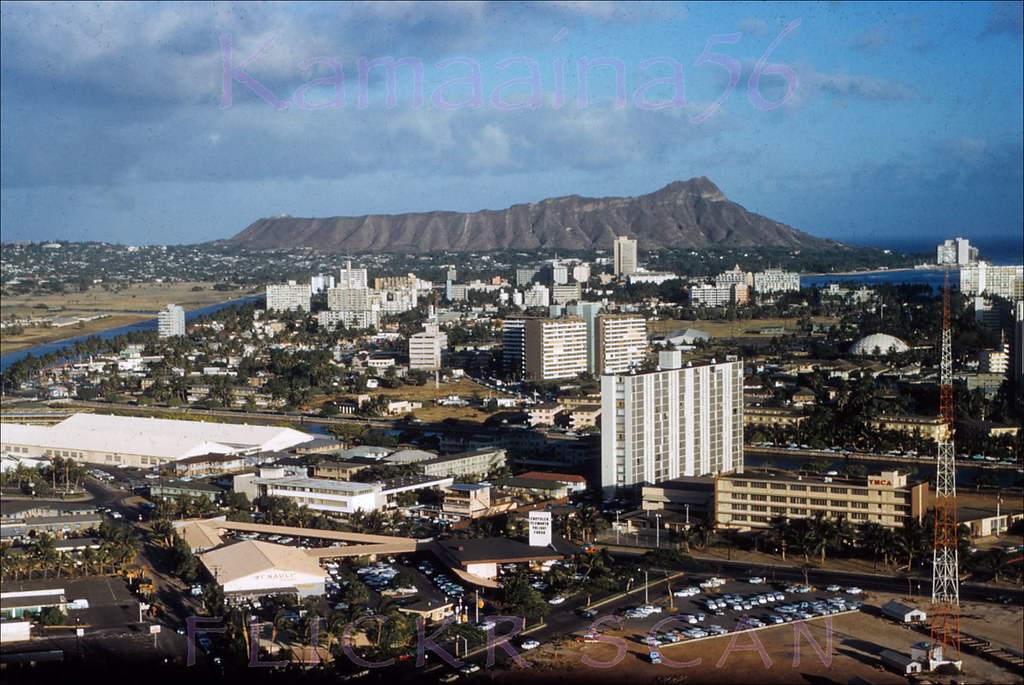 #69 Birdseye view of the Ala Moana area of Honolulu and Waikiki looking Diamond Head from the LaRonde revolving restaurant atop the 23-story 1961 Ala Moana Tower, 1962