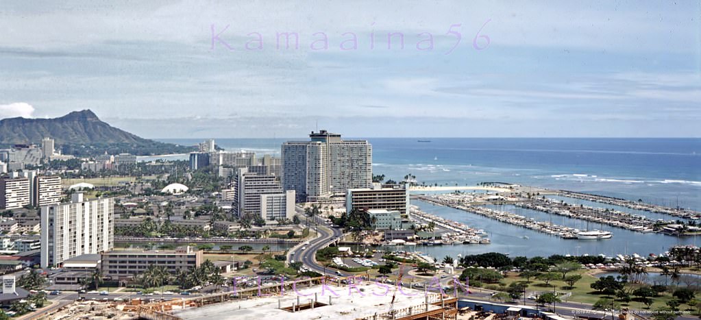 #71 Detailed panoramic view of Honolulu and Waikiki looking Diamond Head from La Ronde revolving restaurant atop the 23-floor Ala Moana Building at Ala Moana Shopping Center, 1965