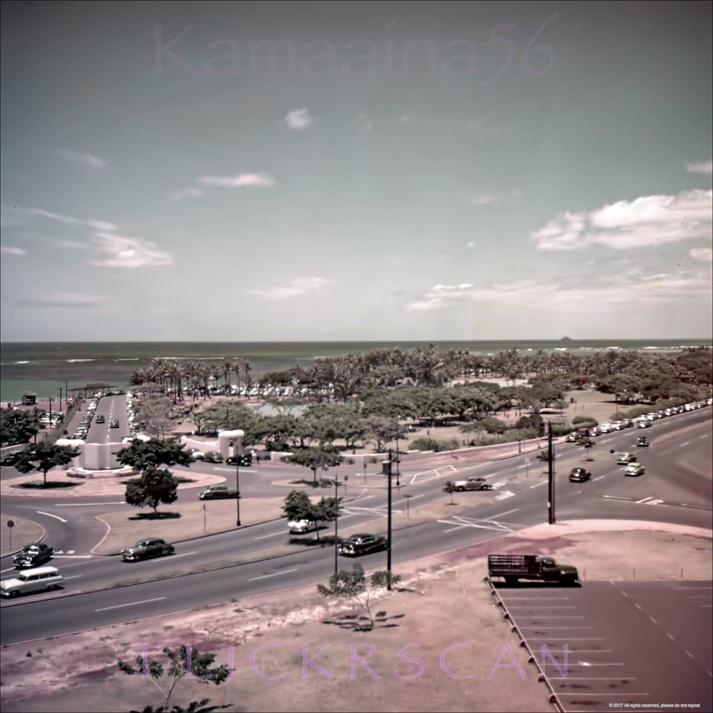 #108 Nice birdseye view of the intersection of Ala Moana Blvd and Atkinson Drive on Oahu’s south shore, 1950s