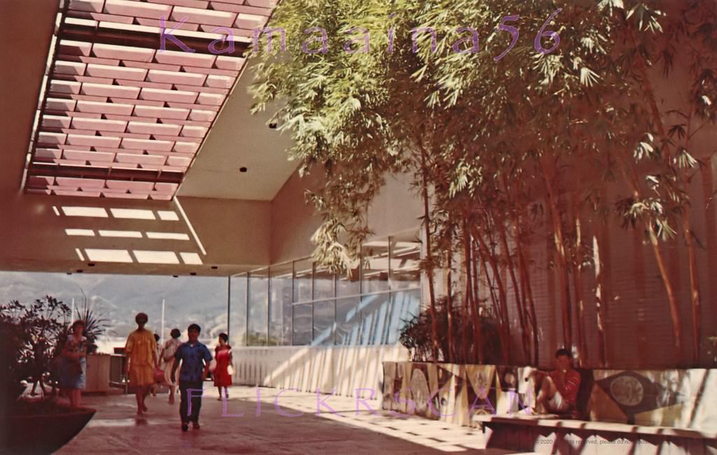 #109 Looking mauka (inland) from the Ewa end of the Mall Level with Sears at left (out of frame) and Longs Drugs at right, 1950s