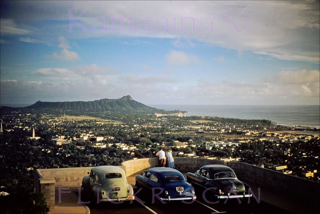 #18 Late afternoon in old Honolulu seen from the lookout at Punchbowl Crater, 1952.