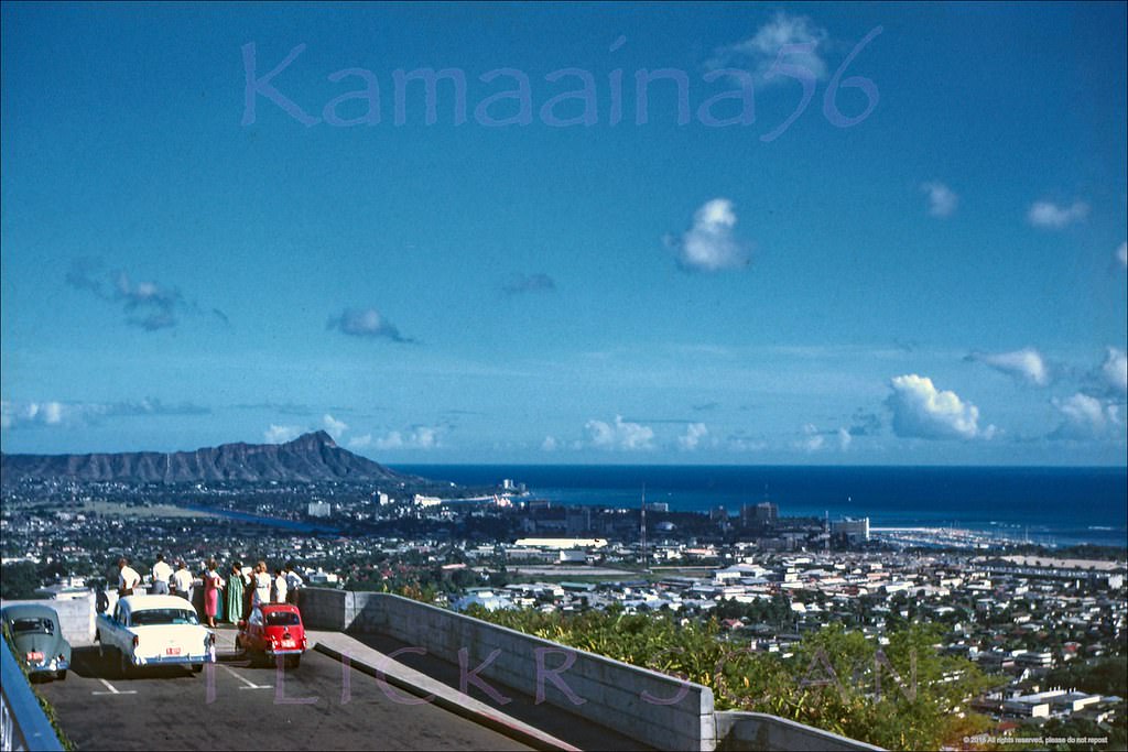 #20 Birdseye view of Honolulu all the way to Waikiki and Diamond Head from the Punchbowl Crater lookout, 1959.