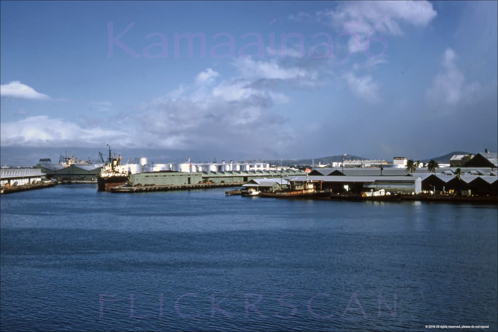 #143 View of the west side of Honolulu Harbor, probably taken from the Aloha Tower observation deck, 1950s