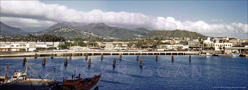 #145 Honolulu Harbor Panorama, 1950s.
