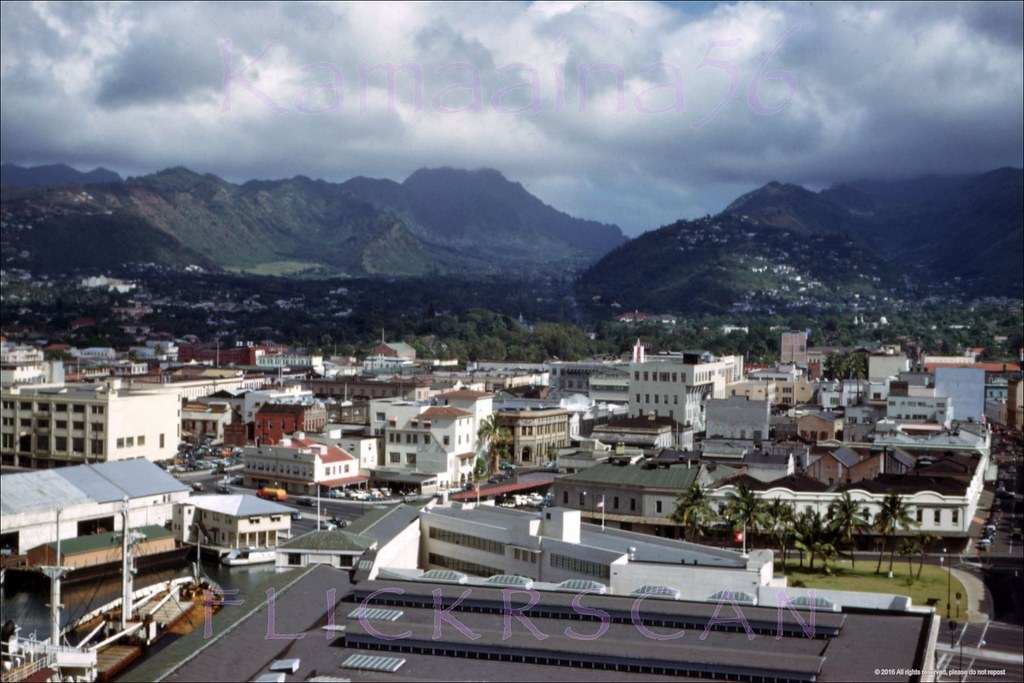 #146 Looking inland more or less along Bethel Street from the 10th floor observation deck of the 1926 Aloha Tower in Honolulu Harbor, 1952