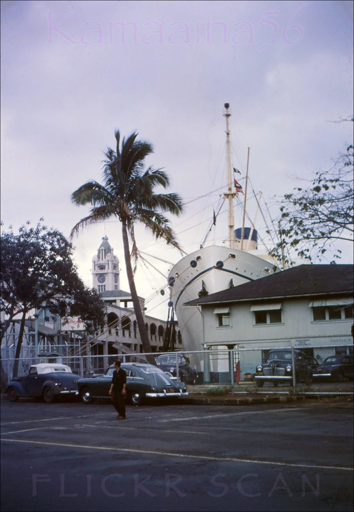 #50 Matson Liner SS Lurline moored at Pier 10 with the Aloha Tower in the background, 1949