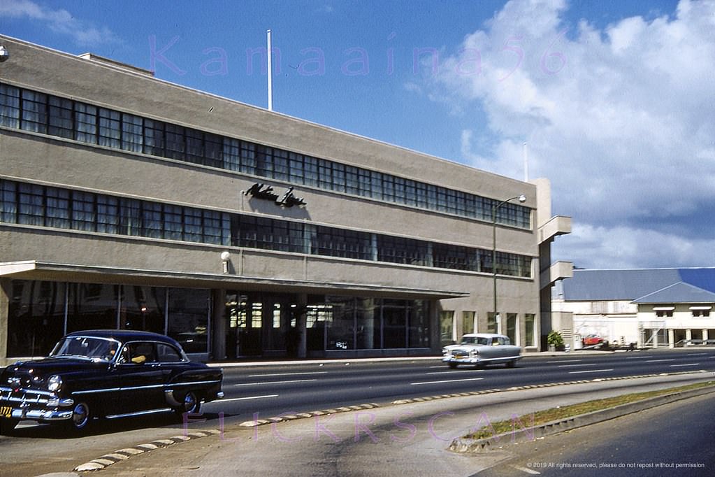 #158 Nimitz Highway viewed from the corner of Fort Street at the Honolulu Harbor waterfront, 1954