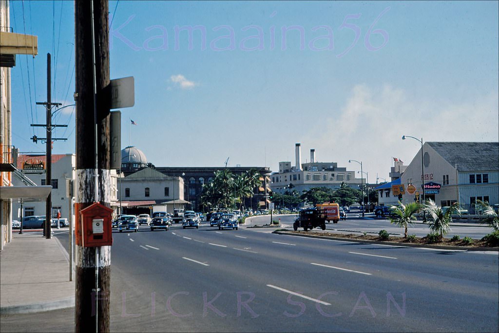 #159 Looking east along Nimitz Highway next to Honolulu Harbor, 1953