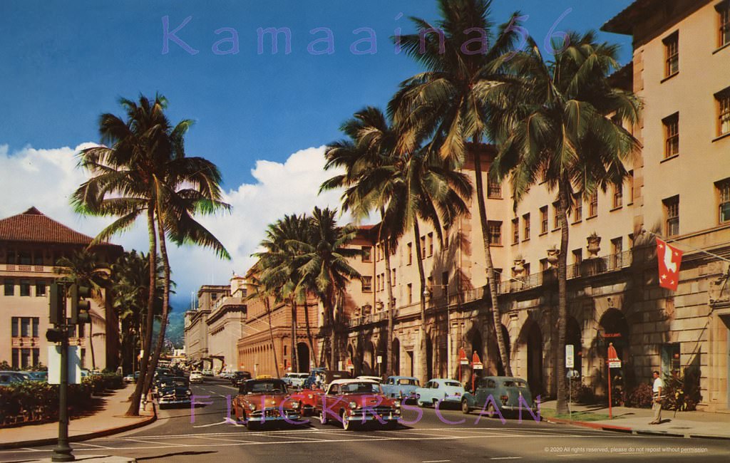 #161 The financial heart of Honolulu, looking mauka (inland) along Bishop Street from Nimitz Highway next to the harbor, 1950s