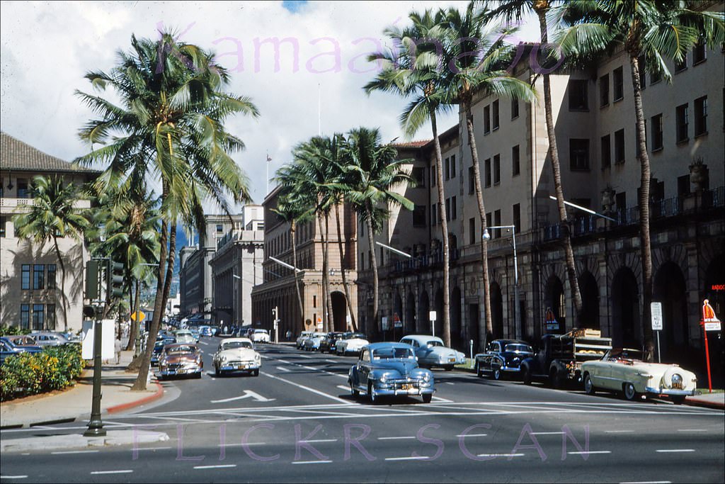 #162 Looking across Ala Moana Blvd along Bishop Street in downtown Honolulu, 1953