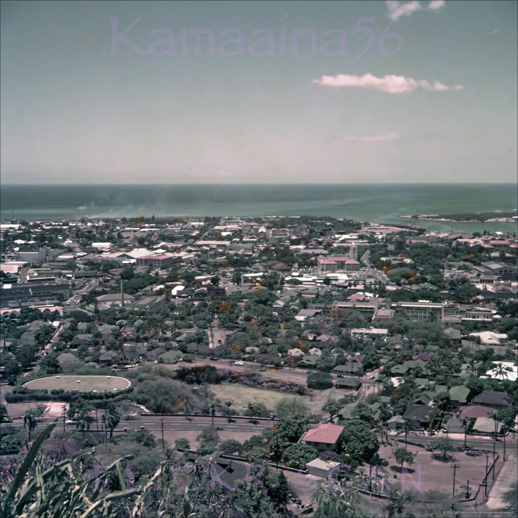 #24 Sharp birdseye view of the Kakaako section of Honolulu from the Punchbowl Crater lookout in Makiki, 1950s