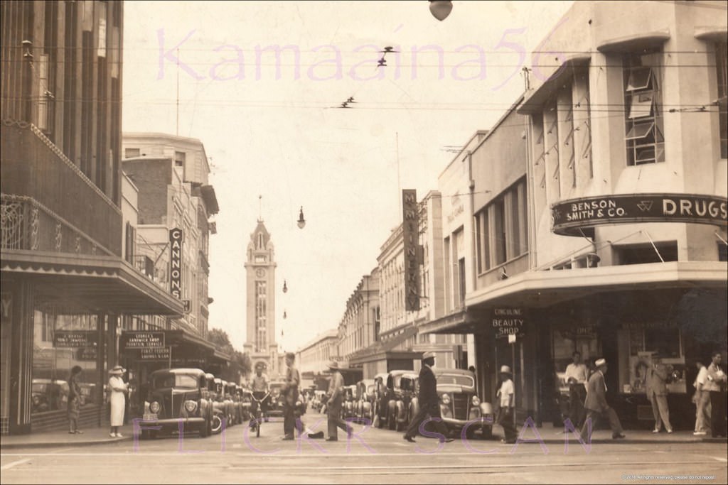 #58 Looking along Fort Street towards Honolulu Harbor in the distance from the South King Street intersection, 1938