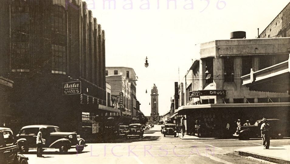 #60 Underexposed but still interesting scene looking makai (seaward) along downtown Honolulu’s Fort Street, 1944.