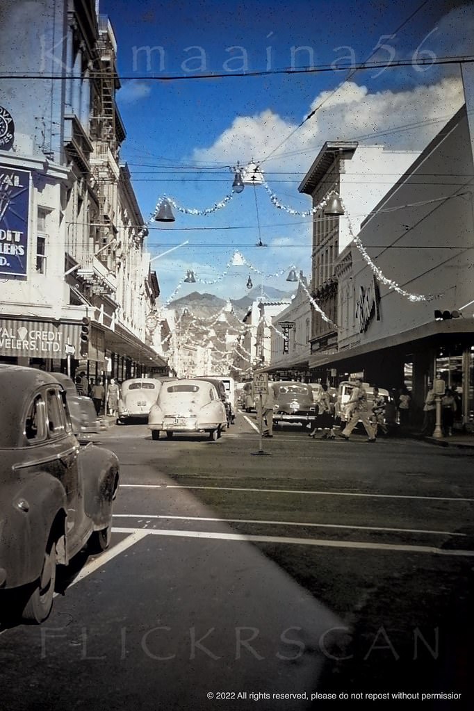 #62 Looking mauka (inland) along Fort Street from the South King Street intersection in downtown Honolulu, 1949