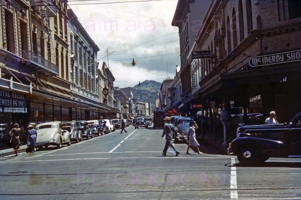 #64 Looking inland along Fort Street from King Street in downtown Honolulu, 1940