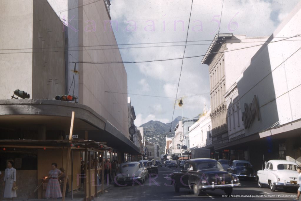 #167 Looking inland along Fort Street from South King Street in downtown Honolulu, 1954