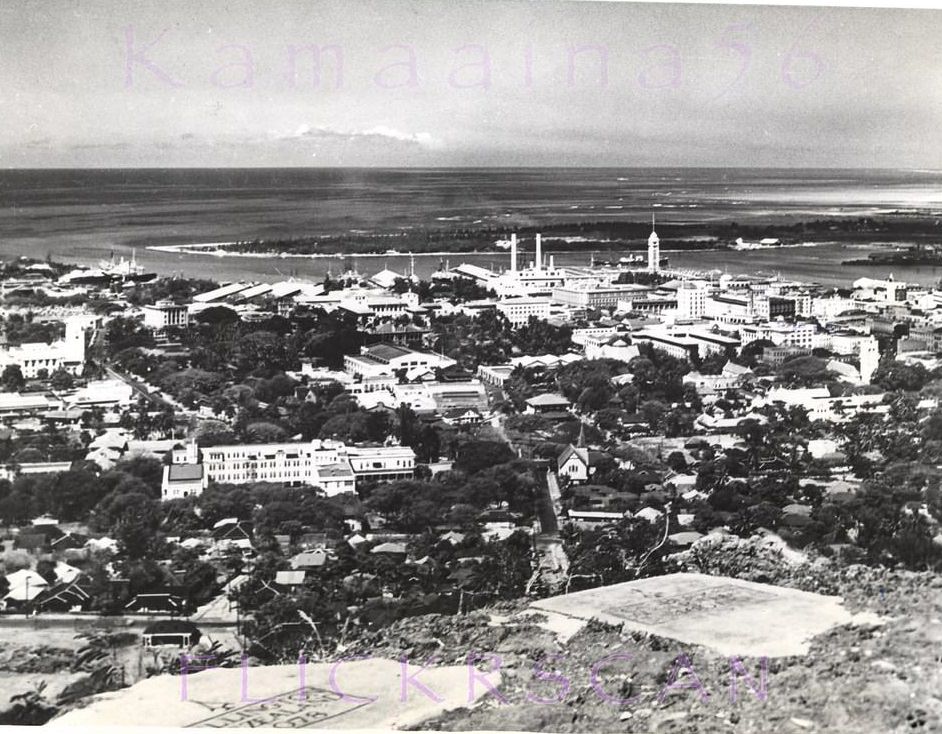 #3 Downtown Honolulu and the harbor viewed from the Punchbowl Crater lookout at the start of the wartime era, 1941