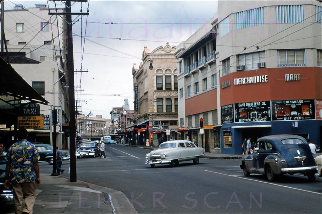 #171 Looking more or less NW along South Hotel Street from the intersection with Alakea Street in downtown Honolulu, 1954