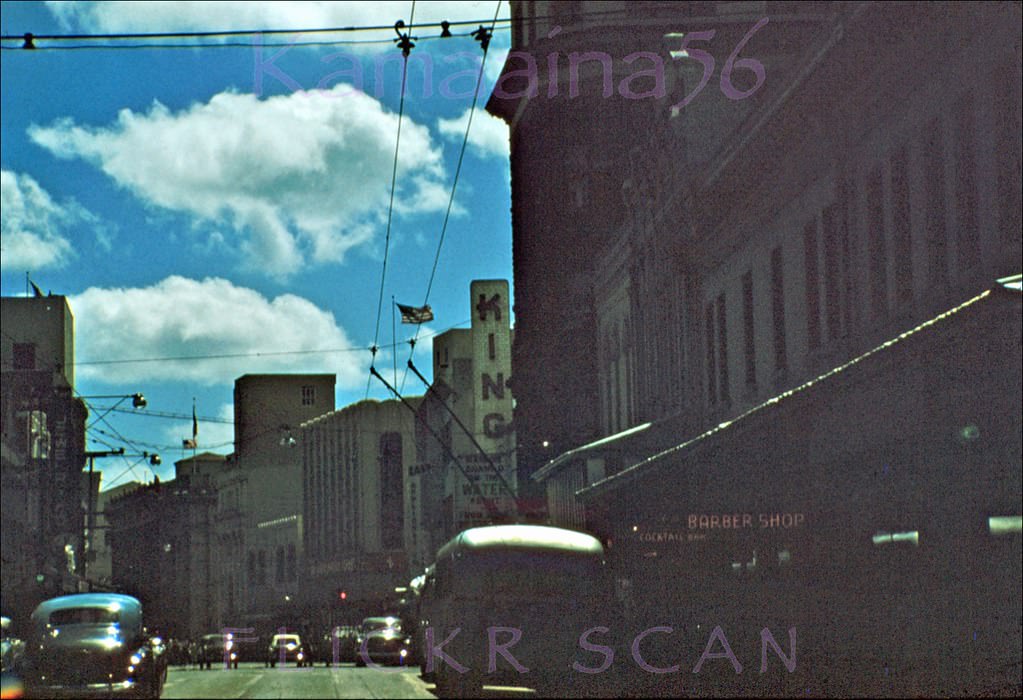 #226 View looking southeast along North King Street in downtown Honolulu from around Bethel Street, 1956