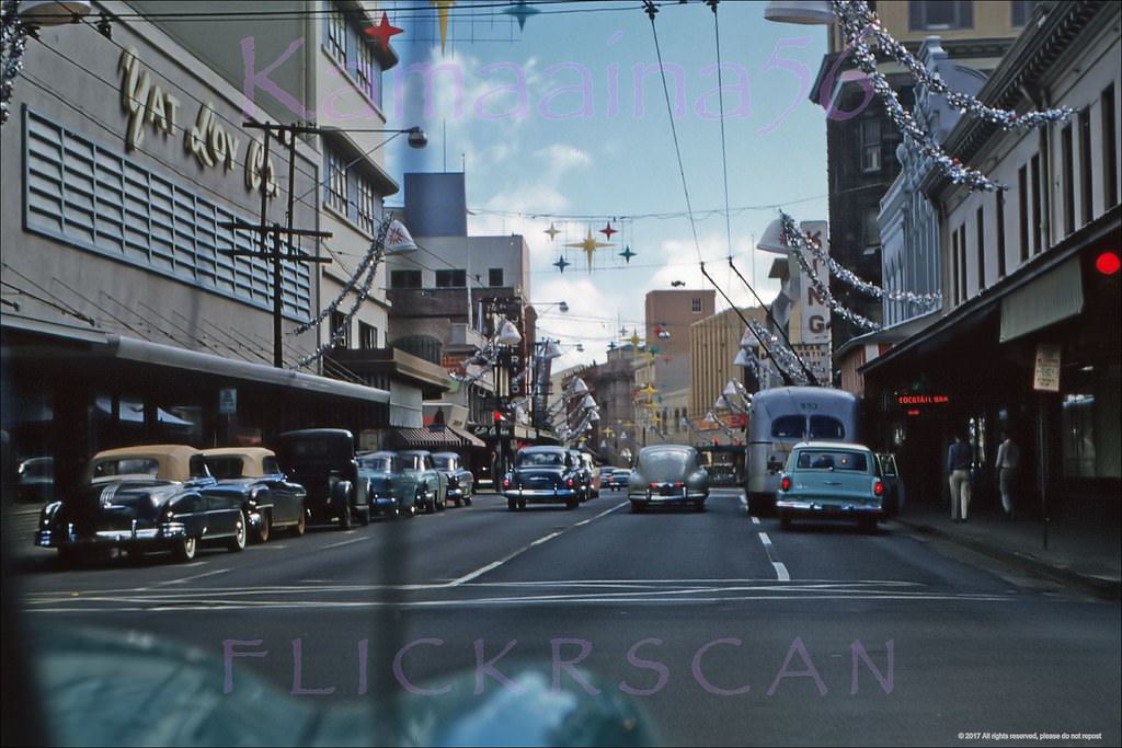 #173 Looking more or less southeast along North King Street in downtown Honolulu from the Nuuanu Avenue intersection, 1956