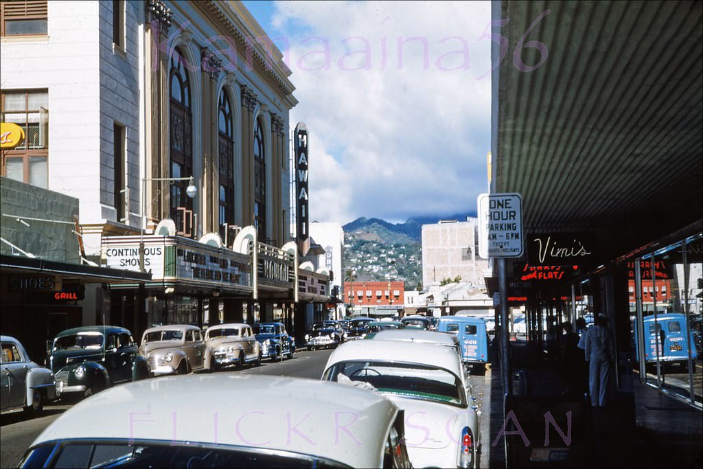 #227 Looking mauka along Bethel Street in downtown Honolulu at the magnificent Hawaii Theater on the corner with Pauahi Street, 1953