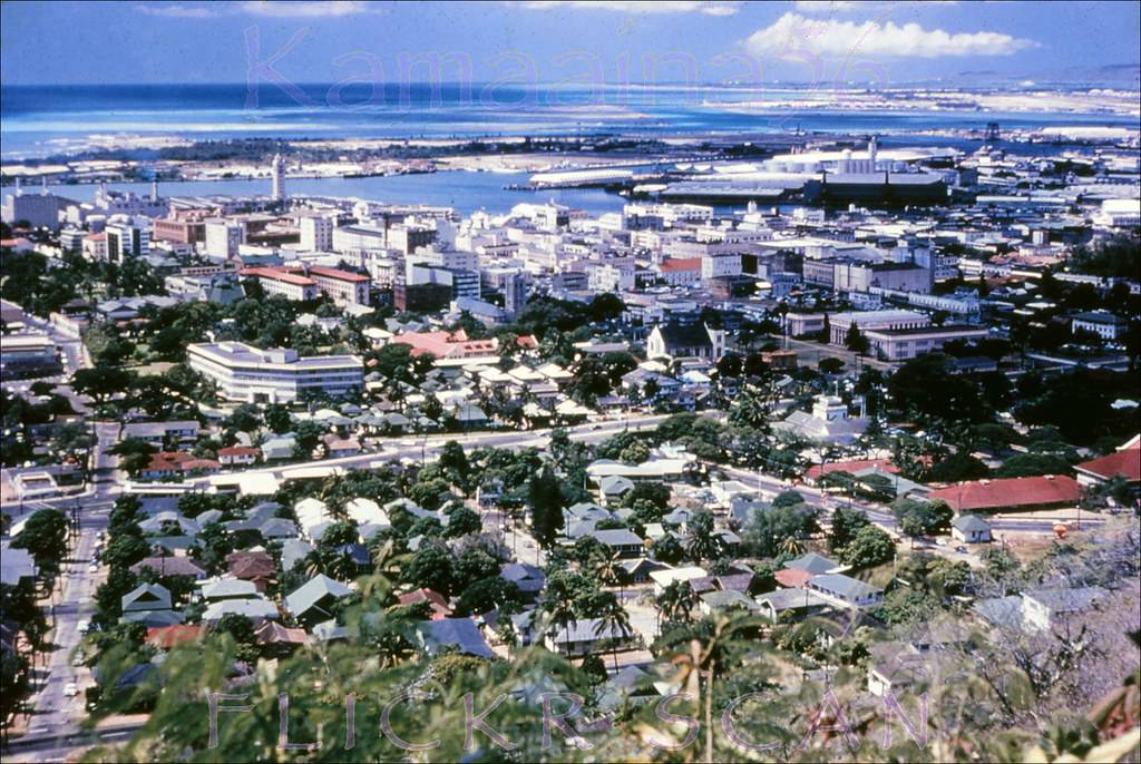 #27 Panoramic view of downtown Honolulu, the harbor area, and Sand Island from Punchbowl Crater, 195s