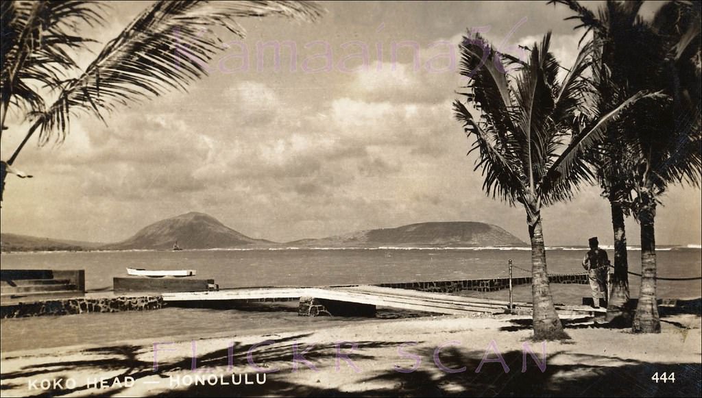 #81 Koko Crater and Koko Head seen from Waialae Beach Park on Maunalua Bay on the south shore of Oahu, 1947