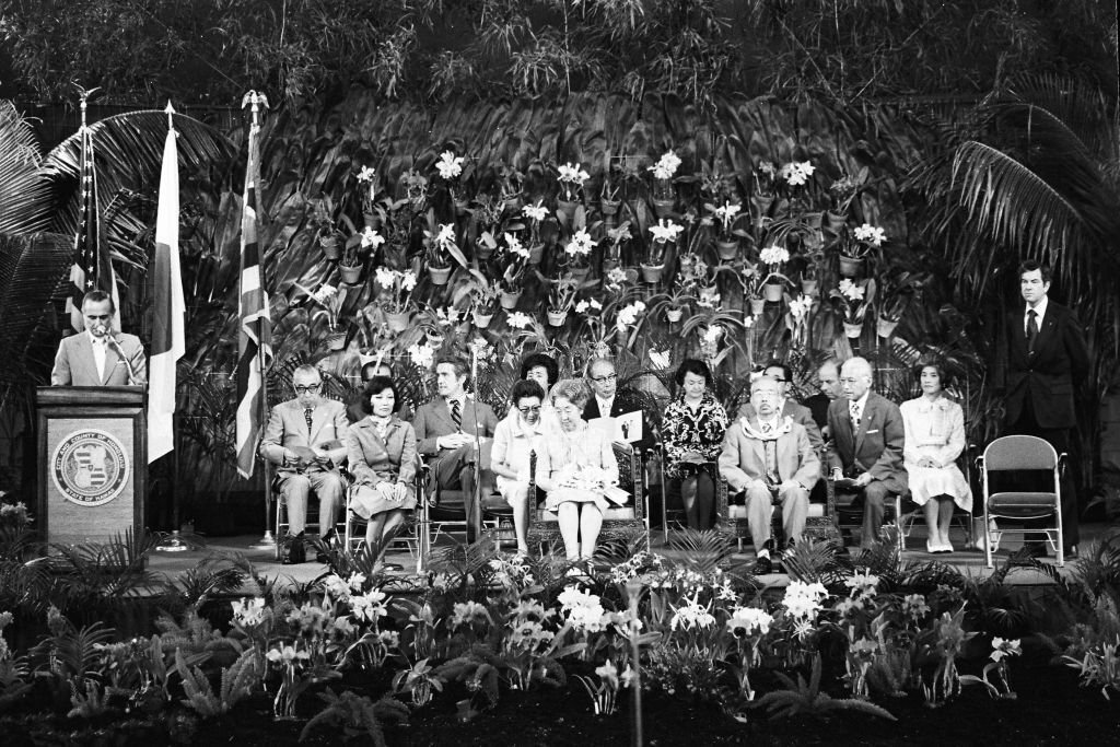 #34 Emperor Hirohito and Empress Nagako attend the welcome ceremony by Hawaiian citizen on October 11, 1975 in Honolulu, Hawaii.