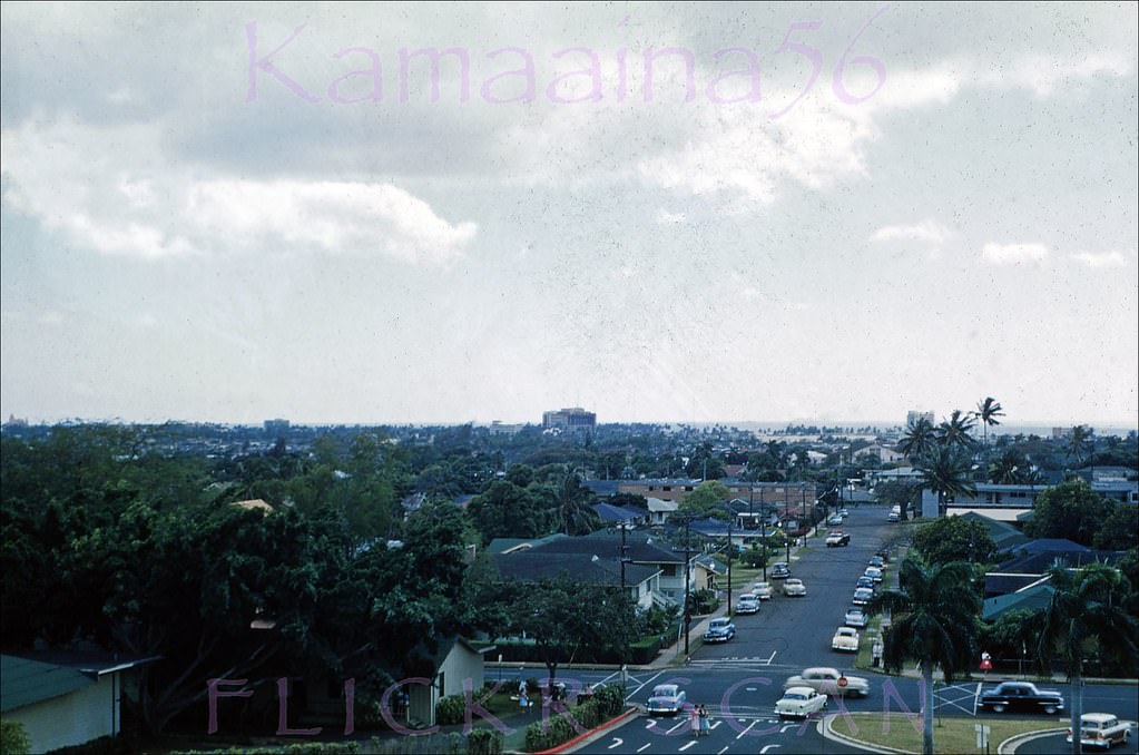 #32 Looking towards Honolulu and Waikiki from Bishop Hall on the Punahou School campus looking down Alexander Street, 1950s.