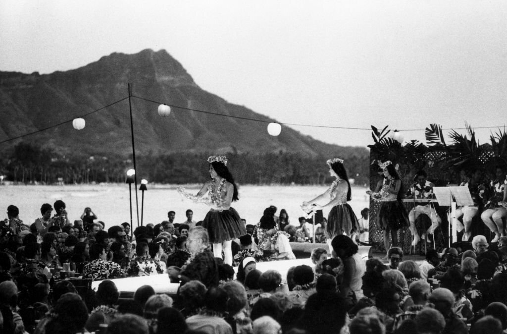 #11 Traditional Hawaiian dancers on the terrace of the ‘Royal Hawaiian Hotel’ in Waikiki, Honolulu, Oahu, Hawaii, 1970s