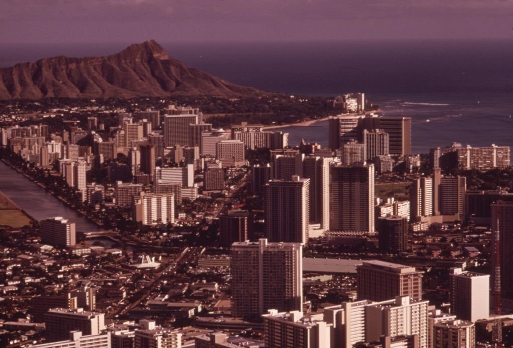 #13 Aerial view of Honolulu looking east toward Diamondhead, the extinct volcano, Honolulu, Hawaii, October, 1973.
