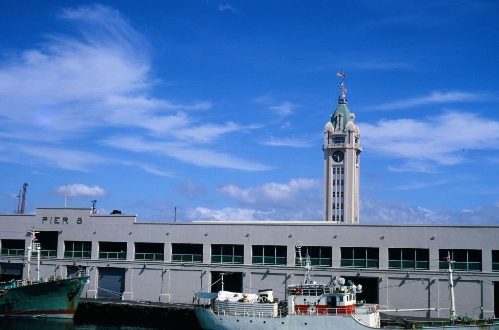 #42 View of Pier 8 and the Aloha Tower, from a boat docked on the pier, Honolulu, Hawaii, 1970.