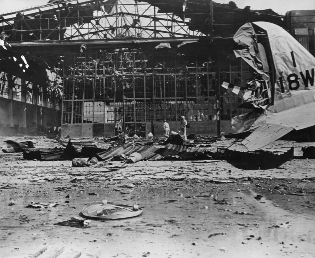 #113 Hickam Field aircraft hangar at Pearl Harbour (Pearl Harbor), Hawaii, destroyed by Japanese bombs during World War II, 1942