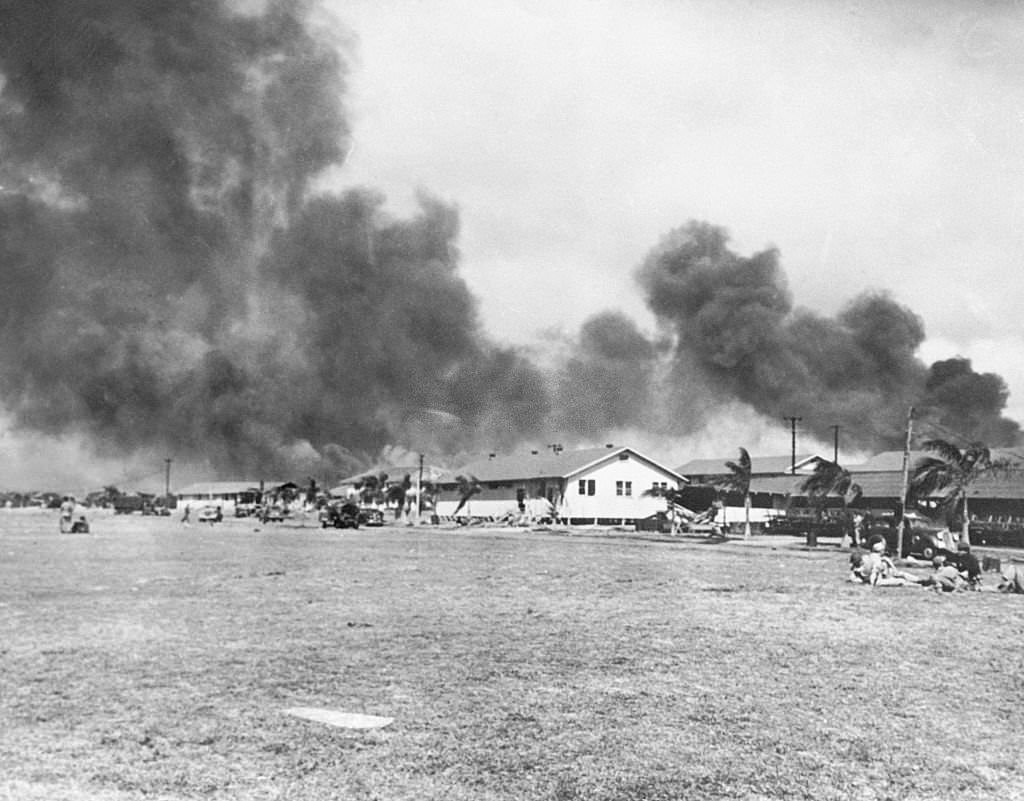 #129 View of Burning Area on Hickam Field During Pearl Harbor Attack.