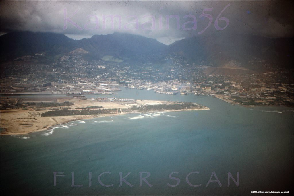 #3 Airplane view of Honolulu Harbor with Sand Island in the foreground, 1952