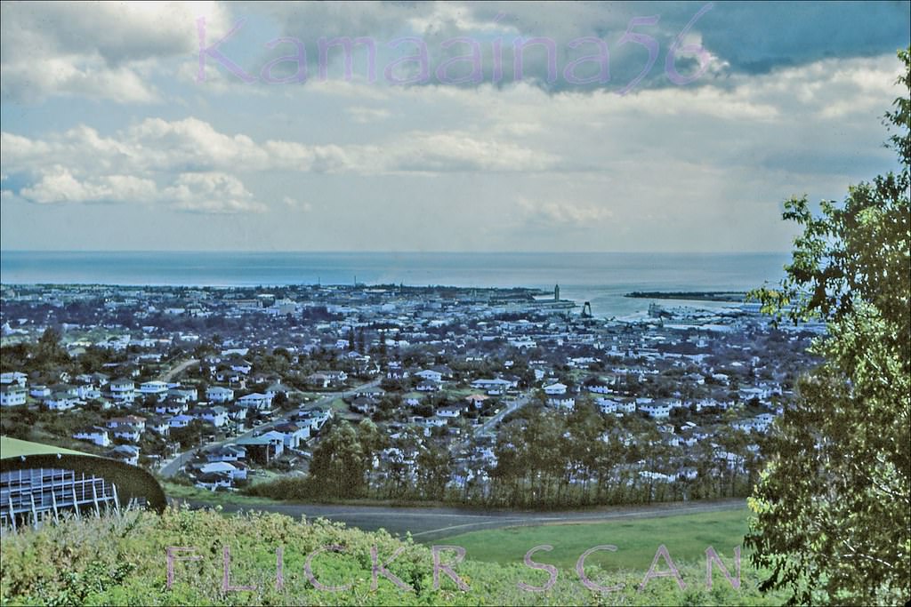 #36 Looking makai at downtown Honolulu and Honolulu Harbor from the hills above Kamehameha School’s Kapalama campus, 1950s
