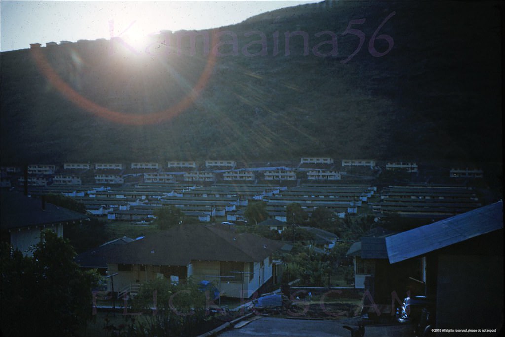 #40 Unusual evening view of Honolulu’s Palolo Valley looking west from 10th Avenue just makai of Kiwila Street on Wilhelmina Rise, 1951
