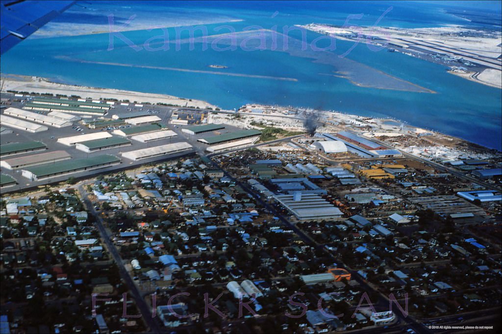 #4 Beautifully detailed airplane view looking south towards the old Kapalama Military Reservation in the Kalihi-Palama district of Honolulu, 1954.
