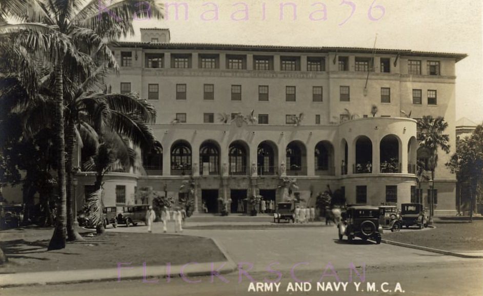 #7 The Spanish Mission style Army and Navy YMCA on South Hotel Street in the capitol district of Honolulu, 1930s