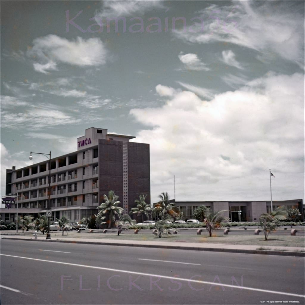 #44 The 1951 Central Branch YMCA building in the Ala Moana section of Honolulu viewed from Atkinson Drive, 1950s