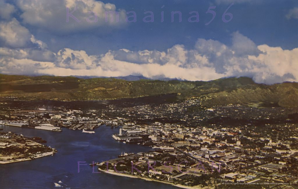 #5 Aerial view of Honolulu Harbor looking mauka (inland) from above the Kakaako coastline, 1950s